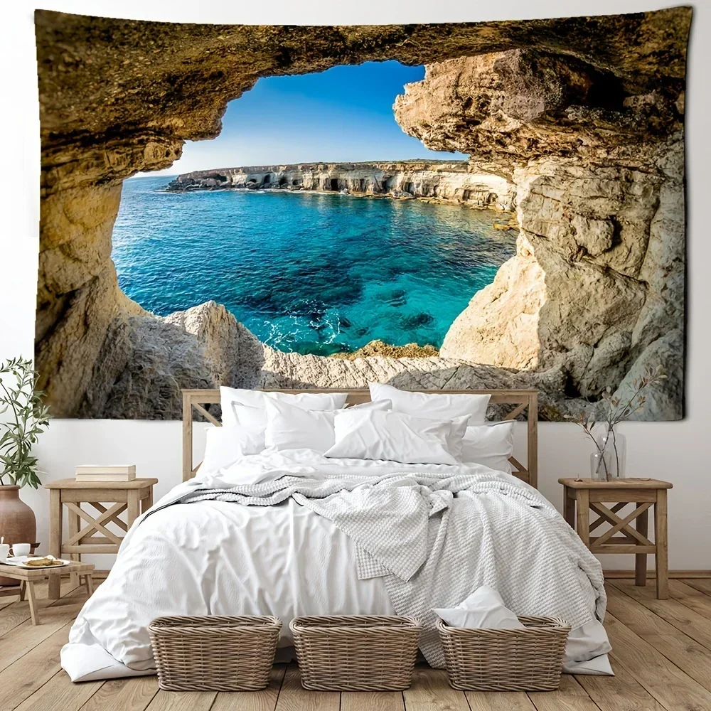 

1pc Mountain Cave Seaside Landscape Tapestry Natural Scenery Bohemian Decoration, Free Installation Package Home Decor Living