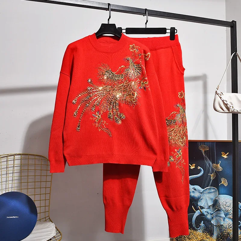 Red Pink Women Knit Tracksuit Outfits Manual Diamond Beaded Embroidery Peacock Pullover Tops And Pencil Pant Knitwear 2pc Sets