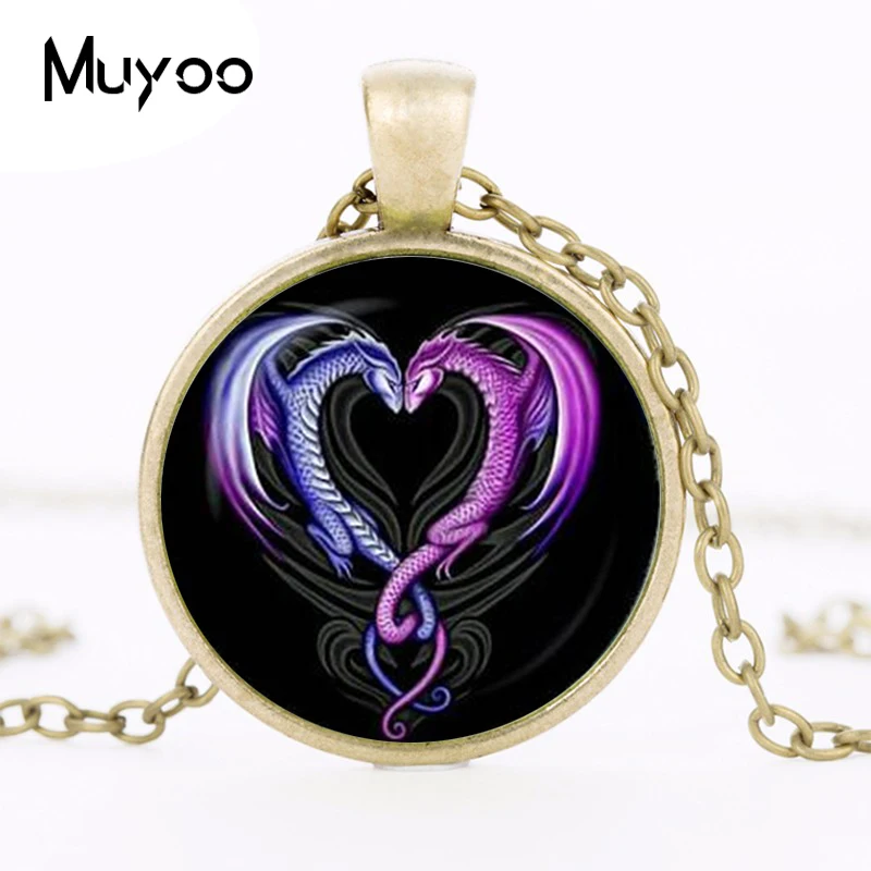 New hot Dragons heart pendant Double Dragon Pendant Dragon Heart Jewelry Colar Glass Cabochon Pendants HZ1