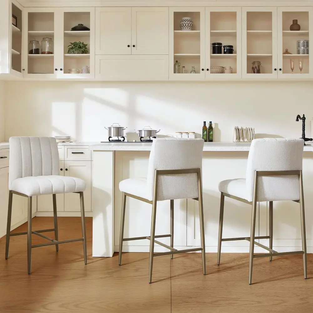 

Comfortable Bar Stools Set of 3, 26 Thick Upholstered Counter Height Bar Stools with Backs, Linen Counter Stools with Metal Leg