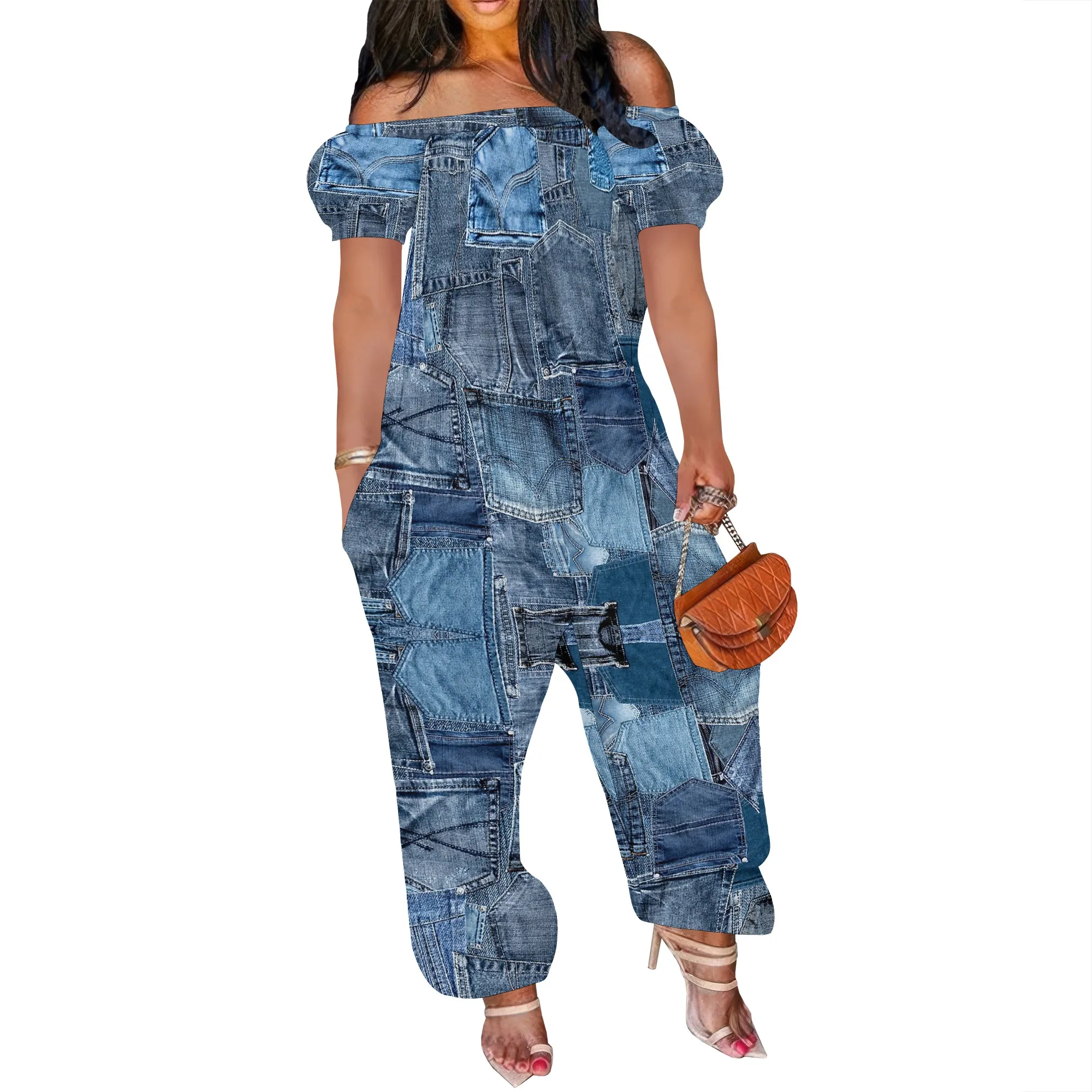 Women Sexy Off Shoulder Jumpsuit Short Sleeve  Floral Print  Romper Wide Leg Long Pants with Pockets Plus Size