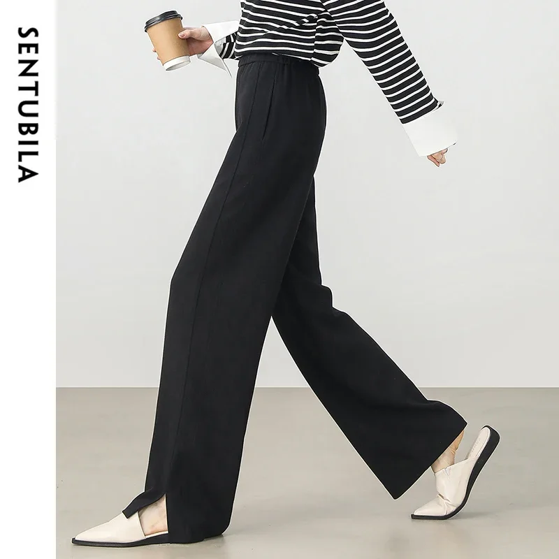 SENTUBILA Straight Womens Pants 2025 Spring Modal Casual High-waist Slit-hem Full Length Comfort Office Trousers 151K59343