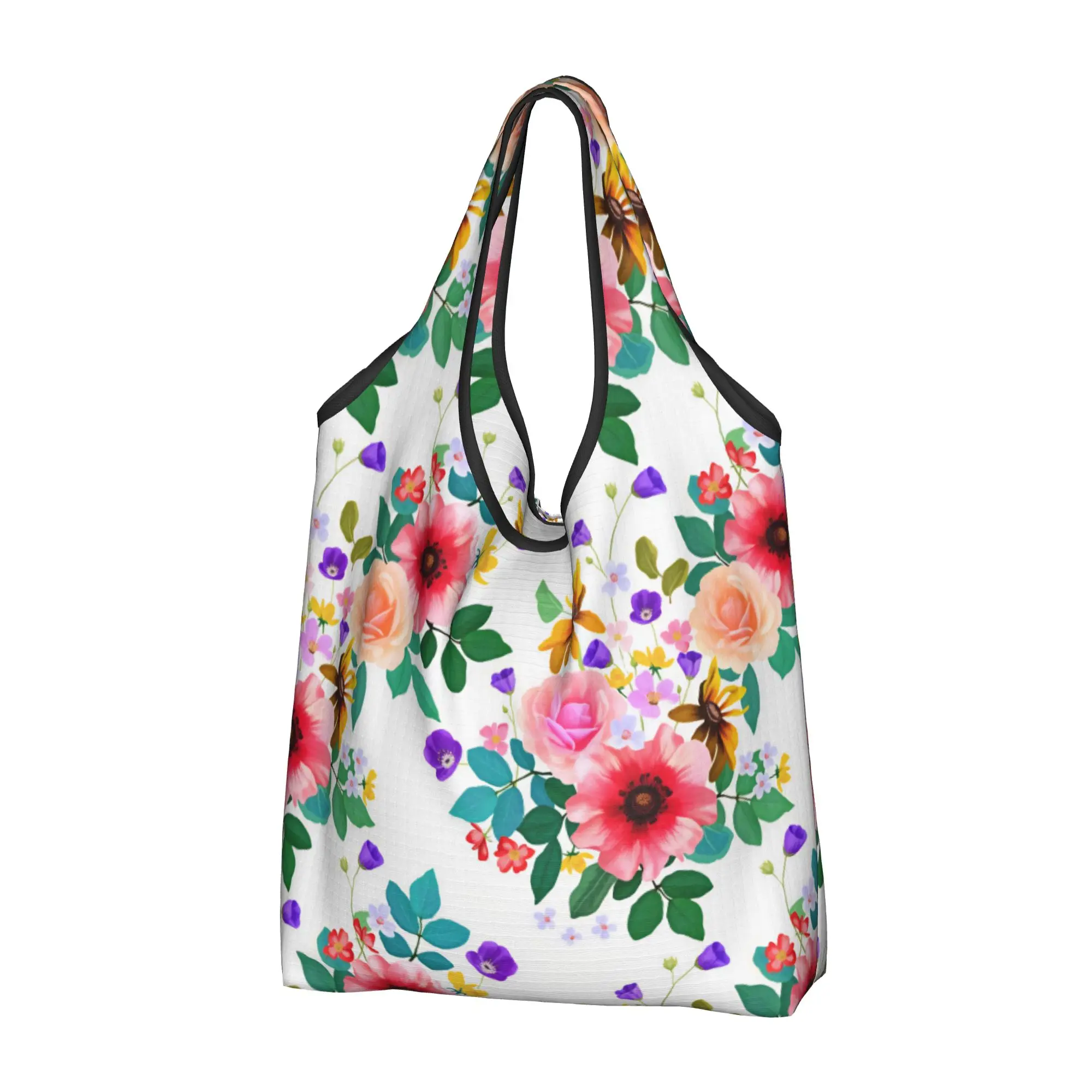 Reusable Beautiful Watercolor Flowers Shopping Bag Women Tote Bag Portable Rose Cone Violet Blossoms Groceries Shopper Bags