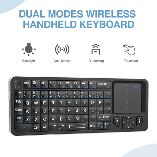 Imagen 2 del producto Mini teclado Bluetooth Rii K06, teclado inalámbrico retroiluminado de 2,4 GHz con panel táctil de aprendizaje IR Android TV Box, Mac, computadora portátil, Windows