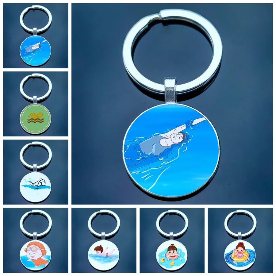 New swimming sport logo cute cartoon character glass key chain, love swimming men and women must buy