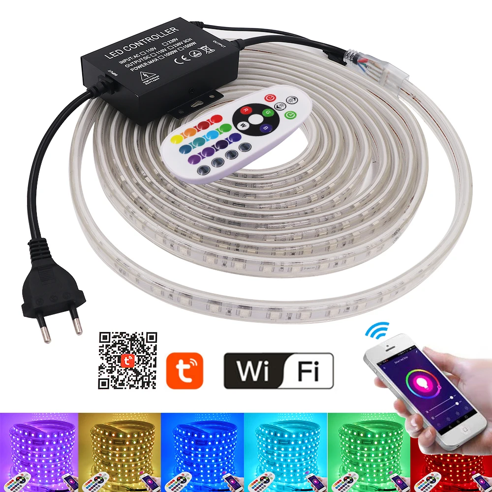 

WIFI RGB LED Strip Light 1500W Remote Control SMD5050 60Leds/m Flexible LED Tape Ribbon 110V 220V Waterproof Stripe Diode Rope