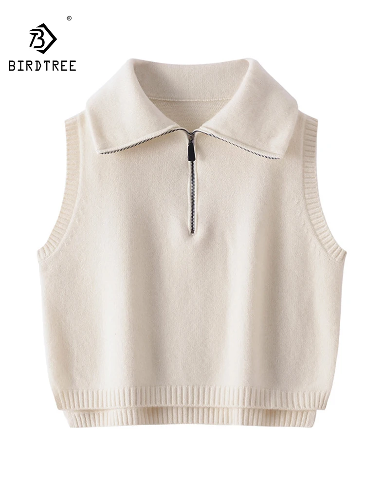 

BirdTree, 100%Pure Cashmere Camisoles, Women Lapel Zipper Solid, Casual Fashion Loose Pullover Vest, 2024 Fall Winter T487129QC