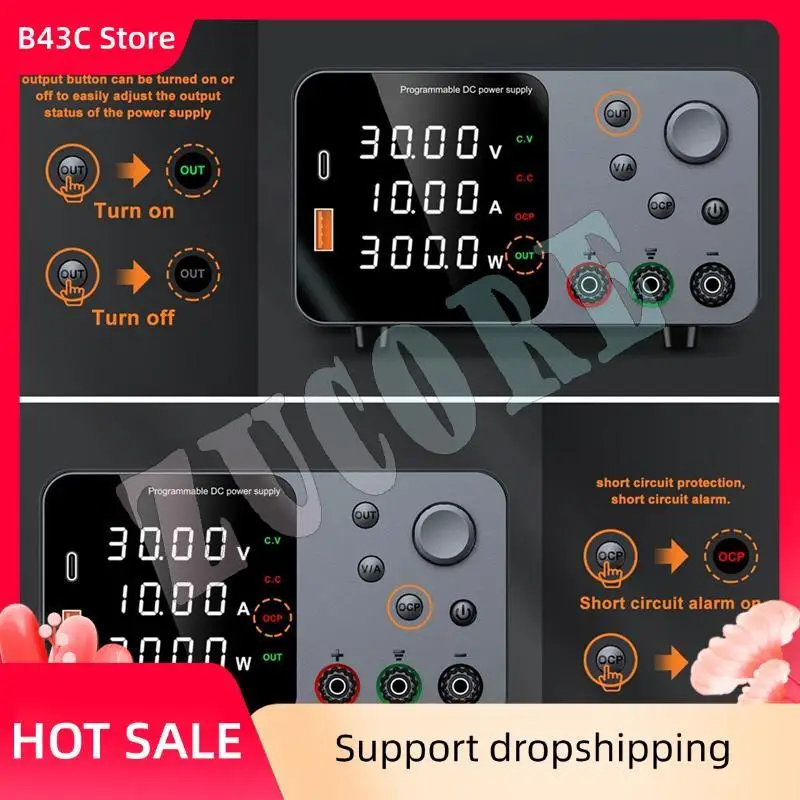 B43C 30V 10A مصدر طاقة مقعد إمدادات طاقة متغيرة مع إخراج تمكين/زر USB & Type-C شحن سريع (قابس أمريكي)