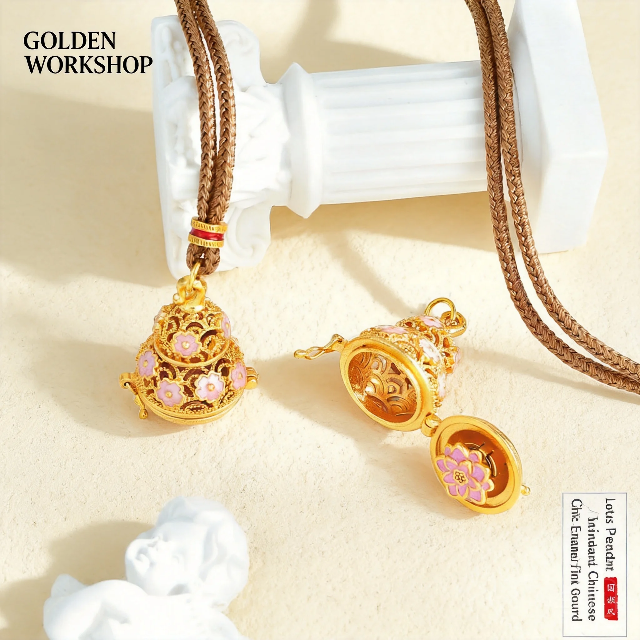 2026 Chinese Style Openable Rotatable Hollow Sachet Pendant Necklace Enamel Lotus Gourd Braided Rope For Women Daily Wear Gift