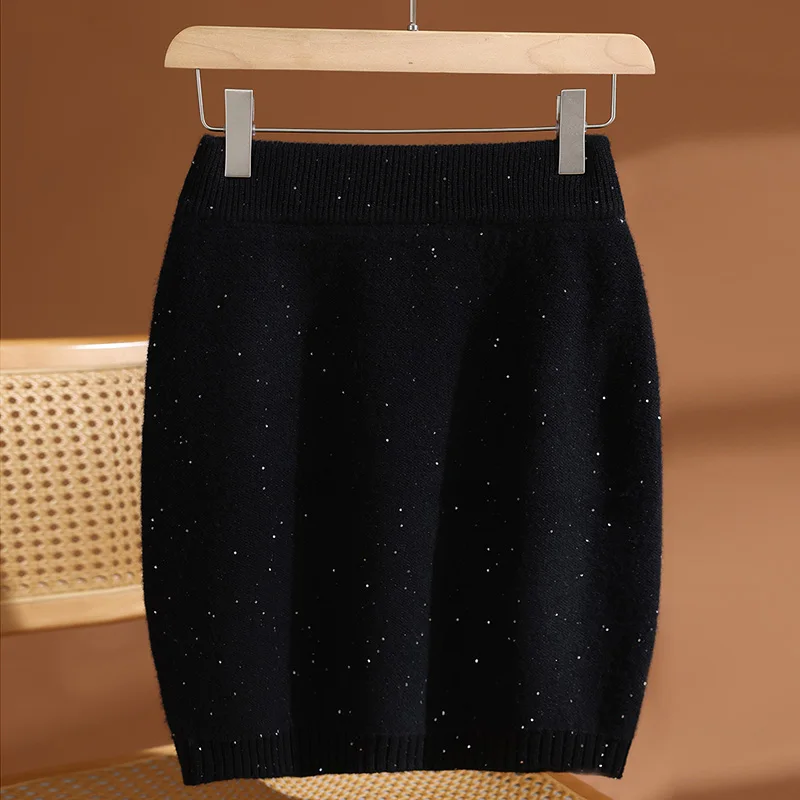 

35% Cashmere & 65% Wool Women's Thickened Solid - Color Sequin Bodycon Mini Skirt, Shine in Autumn and Winter