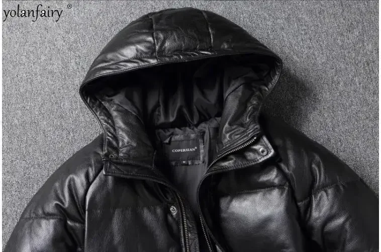 YOLANFAIRY Jaket Kulit Sapi Asli Alami Pria Mantel Kulit Bulu Angsa Hangat Pria Musim Dingin Kain Kulit Berkerudung Tebal Pria 5XL FCY4994