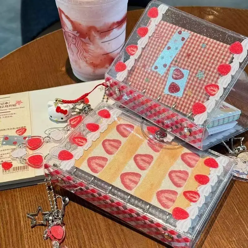 Ins Style Cream Strawberry M5 Loose Leaf Notebook Pvc Hard Shell Ledger 3-Inch Album Small Card Book Transparent Notebook