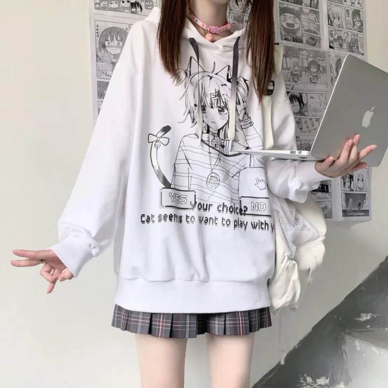 

2023 Autumn Women Kawaii Hoodies Anime Girl Printed Hooded Sweatshirt Harajuku Cute Pullovers School Young Girls Streetwear