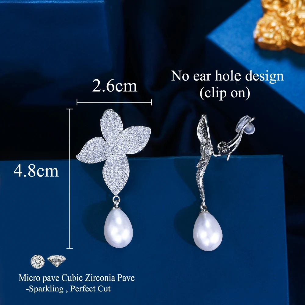 CWWZircons White Cubic Zirconia Long Dangle Water Drop Clip On Non Piercing Wedding Party Bridal Earrings Without Ear Hole CZ917