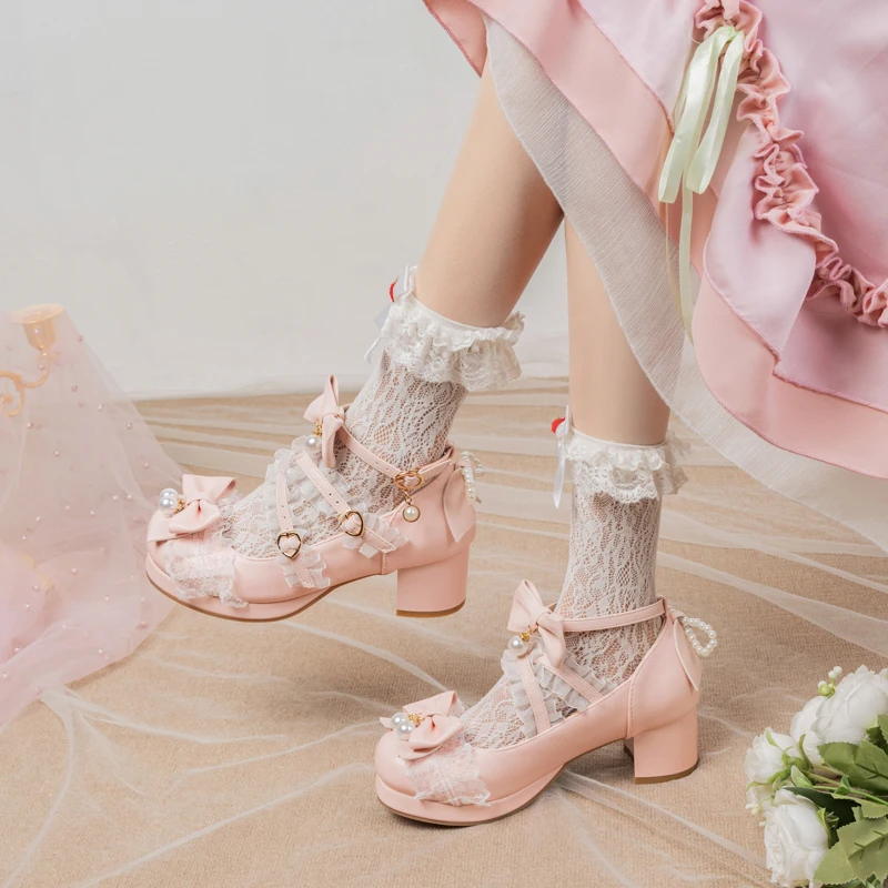 Women's Kawaii Shoes Cross Strap Pumps Cute Ankle Strap Mary Jane Shoes Cosplay Wedding Dancing Party Lace Mid Chunky Heel Pumps