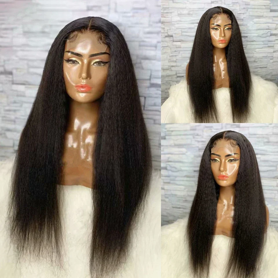 

Natural Black Kinky Yaki Straight 30'Long 180Density Lase Front Wig For Black Women Heat Resistant BabyHair Glueless Preplucked