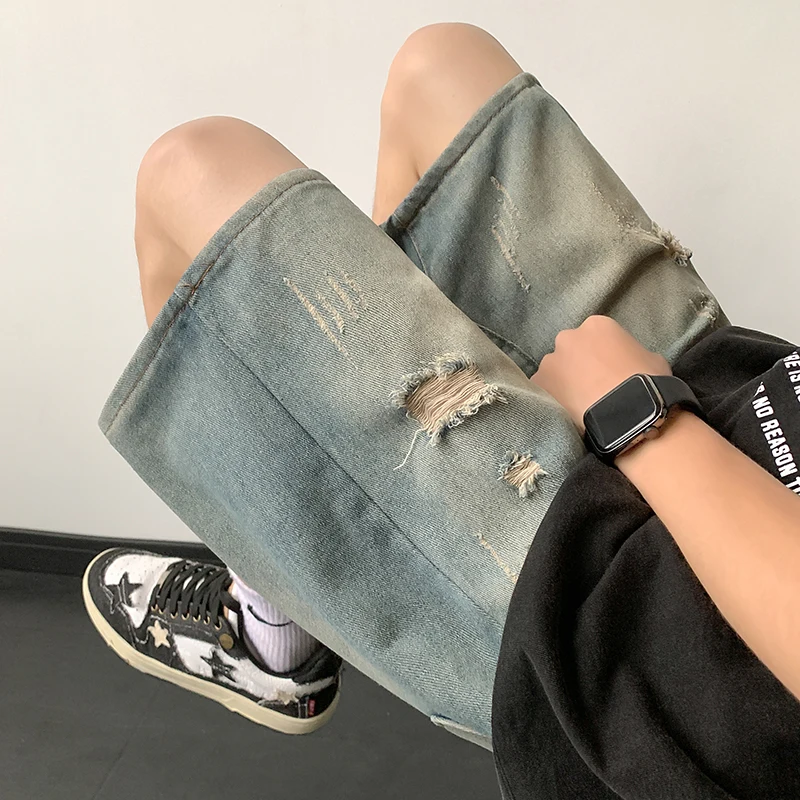 

Summer Thin Denim orts Men's Straight Leg Trendy High Street Youth Casual Japanese Sle Vintage Five-Quarter Pants