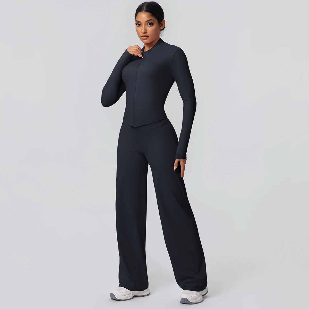 2 stück Schnell Trocknend Sport Fitness Kleidung Yoga Set Frauen Yoga Zipper Lange Ärmel Hohe Taille Atmungsaktive Breite Bein Hosen set – Detail 16