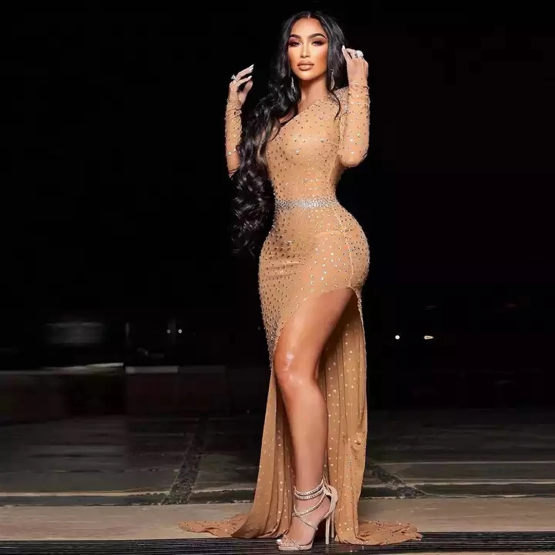 

Luxury Sparkly Crystal Sheer Maxi Dress Women One Shoulder Long Sleeve Split Thigh Mesh Event Party Prom Gown Long Train Heihai