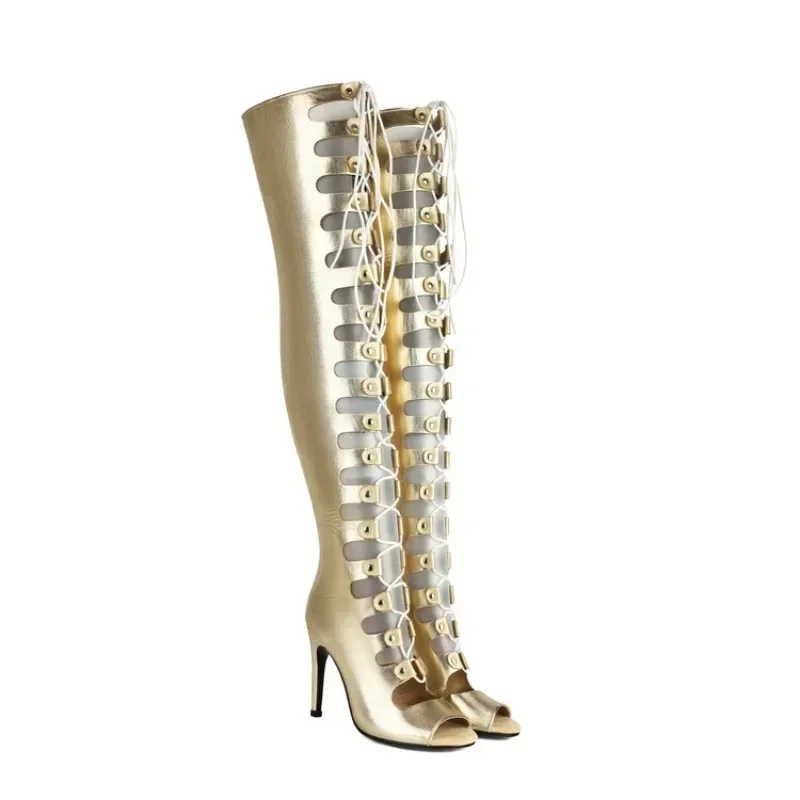 Cross Strap Rivet Belt Buckle Women's Cool Boots Summer Sexy Silvery Gold High Heel Sandals Dress Party Over Knee Boots Size 48