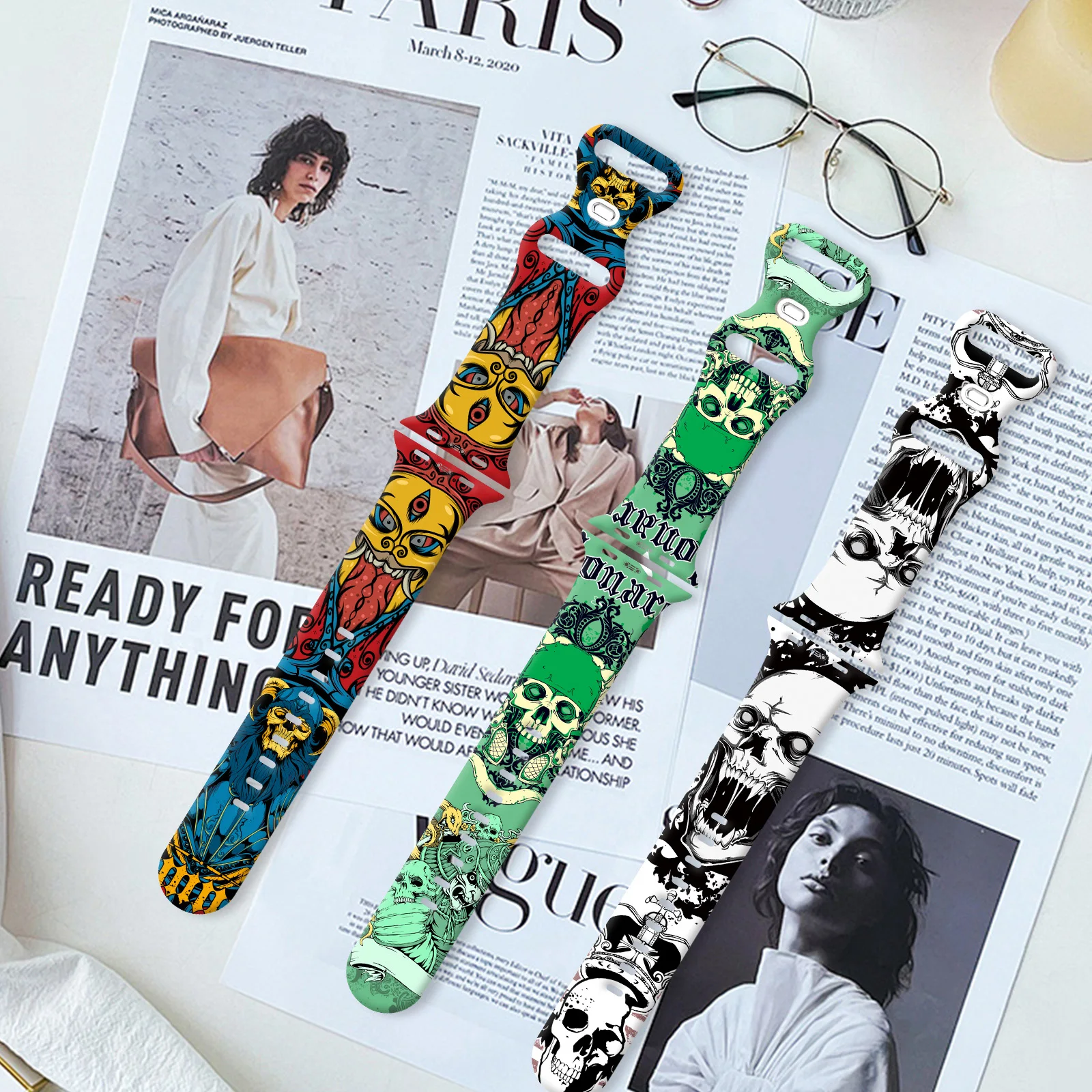 Blackened Skull Printed Strap for Apple Watch 10 9 8 Silicone Band Replaceable Bracelet for iWatch 46mm 44mm 42mm 41mm Watchband