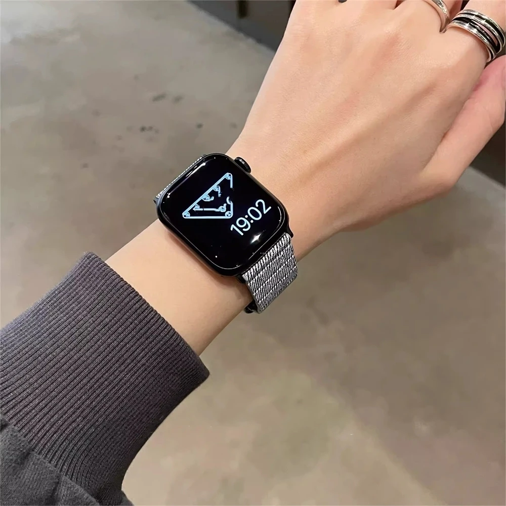 INS DENIM สายอ่อนลำลองสำหรับนาฬิกา Apple, 9 8 7 6 5 4 3 2 Se หัวเข็มขัดแม่เหล็กฤดูหนาวพิเศษสำหรับ iWatch 41mm 49 45 44 42 40 38mm