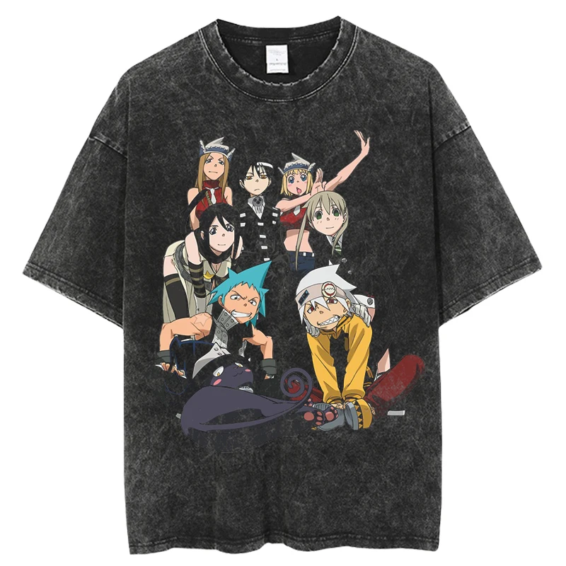 Japan Anime Soul Eater Printed T Shirt Men Washed Cotton Tshirts Casual Loose Manga Tee Harajuku Male Street Vintage T-shirt