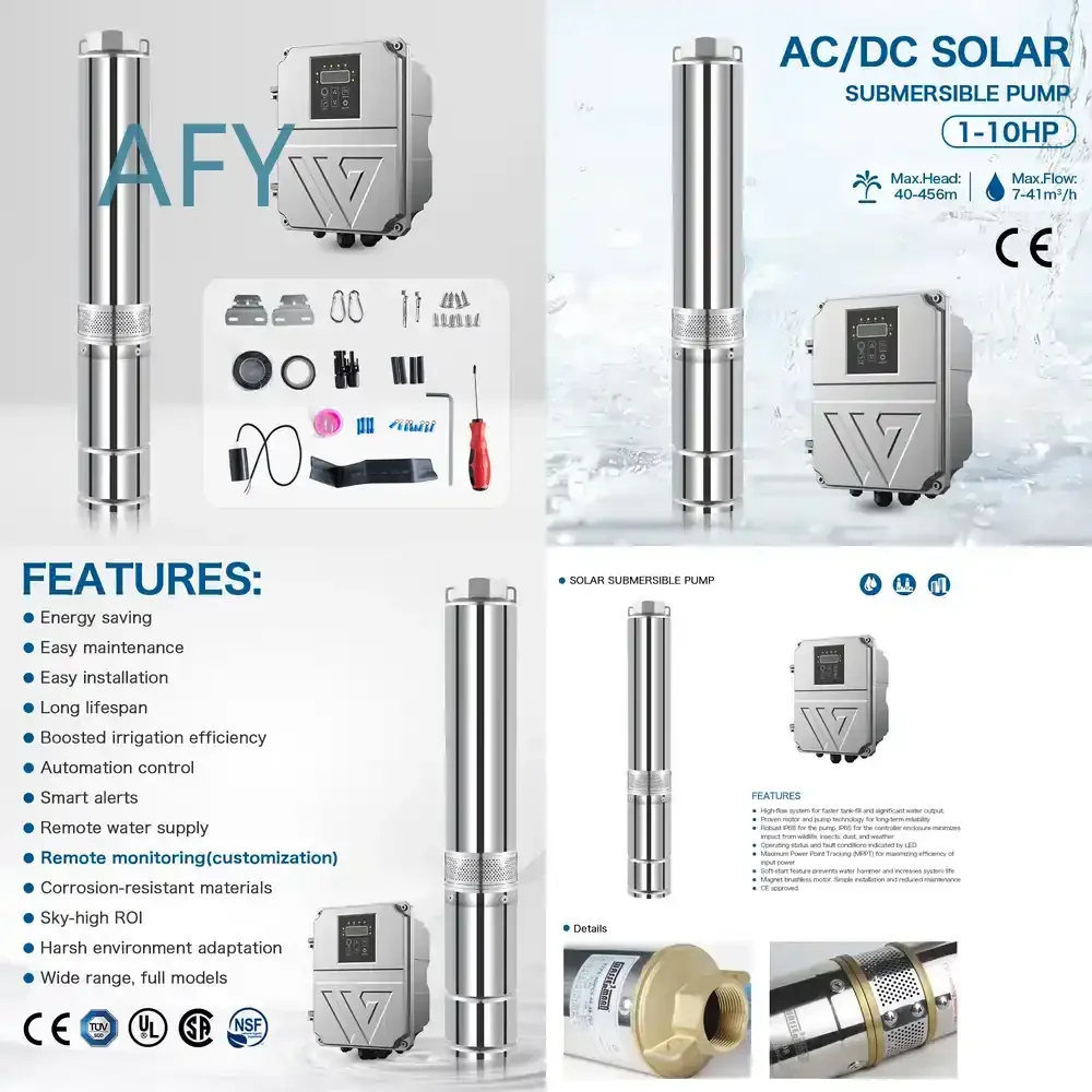 High-lift Solar Submersible Pump for AC/DC Hybrid 4-inch Deep Well Water System for Residential Farm Irrigation Off-grid