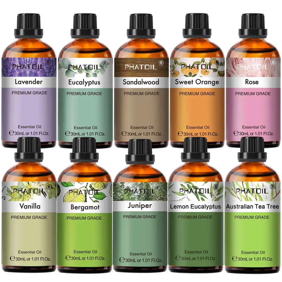 PHATOIL قطعة واحدة زيت عطري للعلاج العطري 30 مل من الليمون والكالبتوس واللافندر والبرغموت والياسمين والعرعر والورد والفانيليا