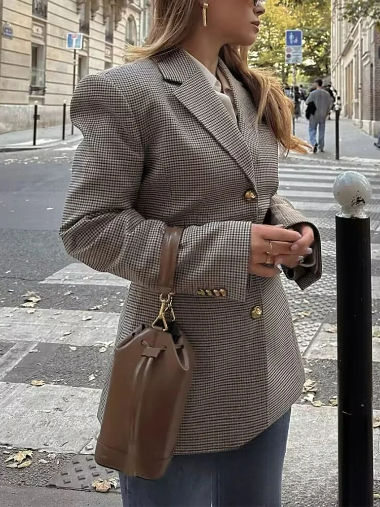 KONDALA Vintage Chic Women Blazer Houndstooth Single Breasted Slim Long Sleeve Blazer Fashion 2025 Spring Office Lady Blazers