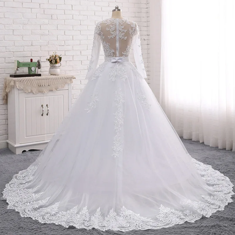 Luxury Long Sleeve Embroidered Beading Brides Wedding Dresses Sexy See Through Ball Gown Trailing Dress Women Formal Occasions