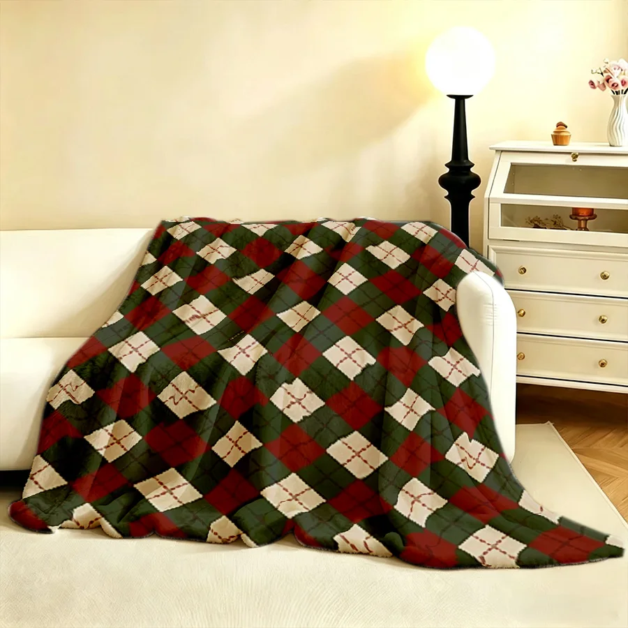 Classical Christmas Red-Green Tartan Plaid Flannel Throw Blanket, 2D Single-Sided Printed Holiday Decorative Blanket