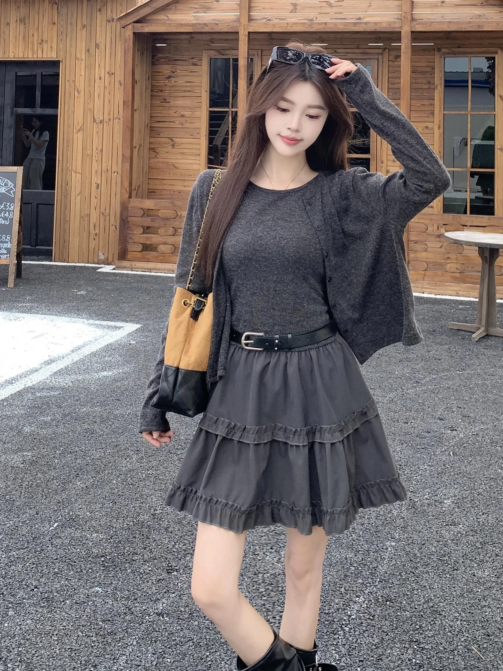 

plus Size College Style Outfit Early Autumn New Korean Ruffle Splicing Vest Dress Long Sleeve Open Cardigan Top Women's Fashion
