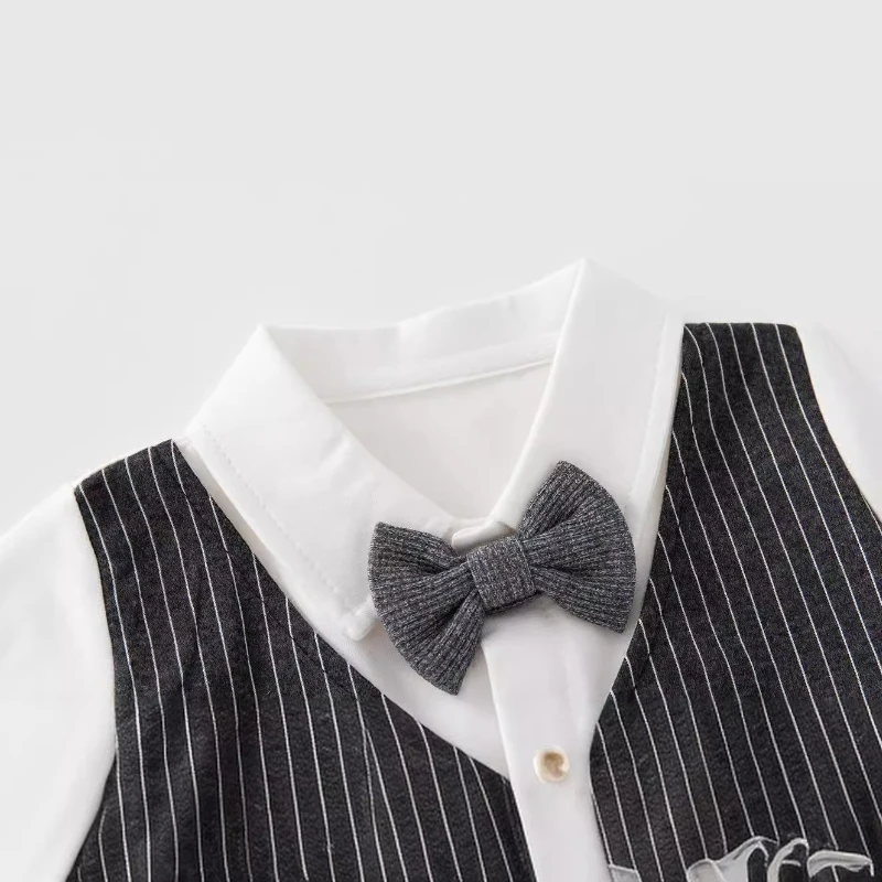 

Autumn Fashion Newborn Baby Boy Gentleman Formal Romper Long-Sleeve Romper Suit Dark Gray Striped Bow Tie Outing Formal Wear