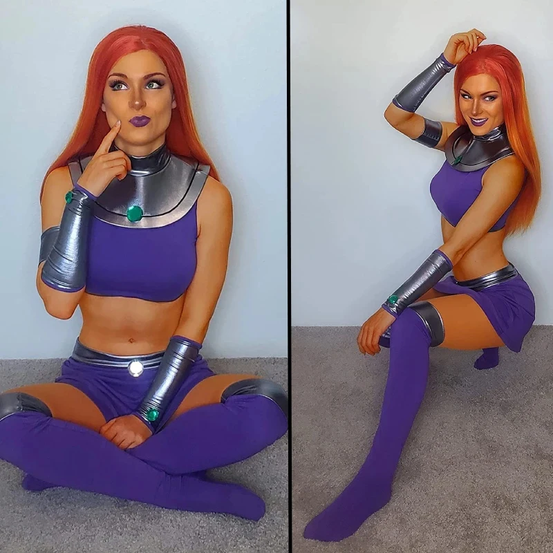 

▓2026Teen Titans Starfire Cosplay Costume Purple Outfit with Stockings Halloween for Women▓#！1