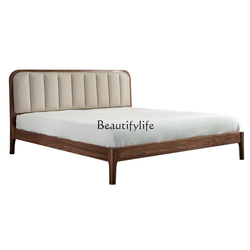 

North American black walnut bed, all solid wood leather soft by modern simple human bed