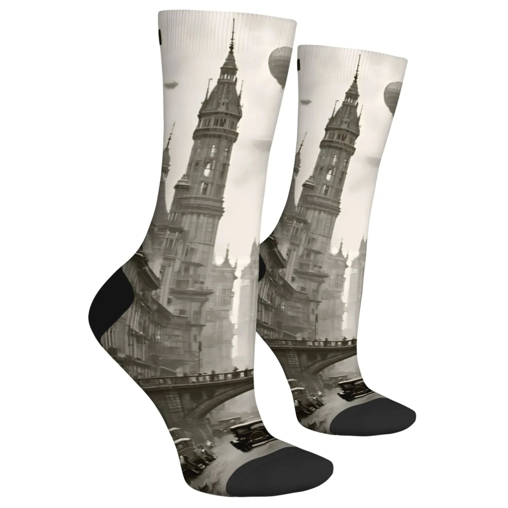 Harajuku retro preto e branco cidade nostálgica paisagem impressão meias masculinas romance tendência de rua estilo futurista meias casuais presente