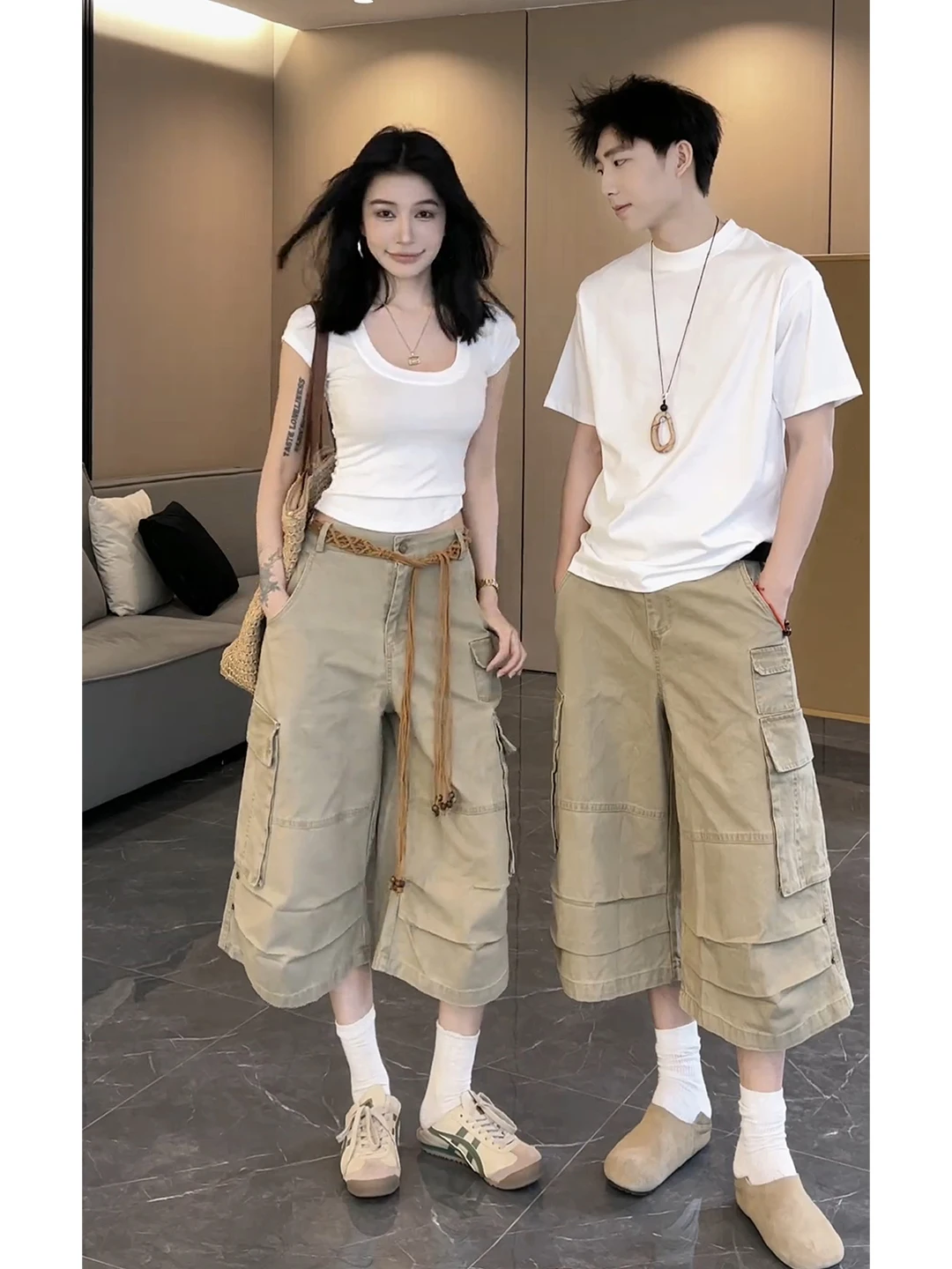 Kaki multi-ket zeven-voet jeans losse hoge taille wijde pijpen werkkleding broek voor mannen en vrouwen zomer casual broek