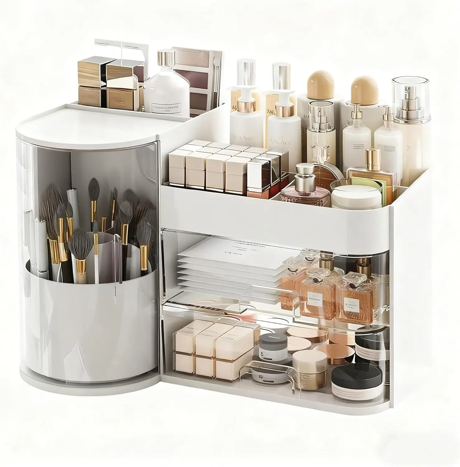 

Makeup Organizer with Drawers, Rotating Brush Holder, Countertop Storage for Vanity and Skincare Display