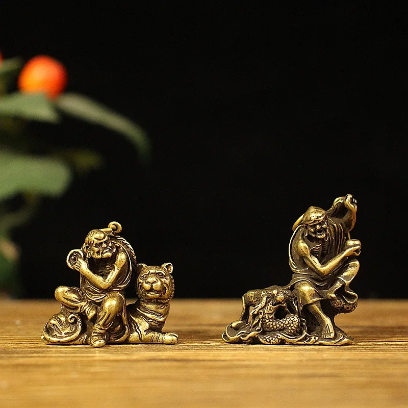 Solid Retro Brass Dragon Tiger Subduing Buddha Statue Micro Carving Desktop Decoration Ornament