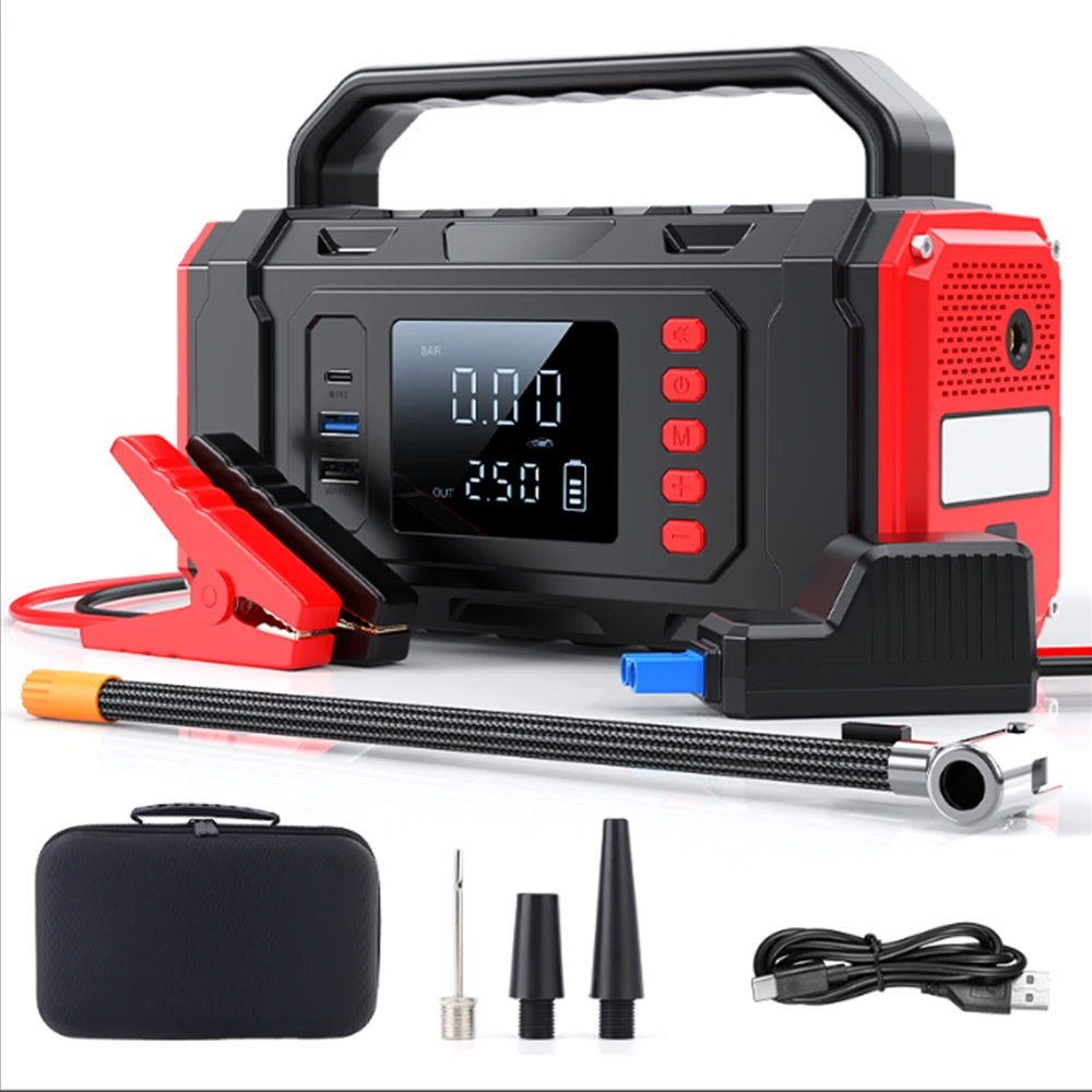16000mAh Portable Car Jump Starter LED Light Emergency Tool Kit Power Bank Tire Inflator Air Pump USB-C Charging 150W Output