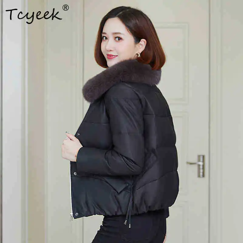 Tcyeek Real Sheepskin White Duck Down Autumn Winter Square Collar Black Women's Genuine Leather Jacket Женская Кожаная Куртка