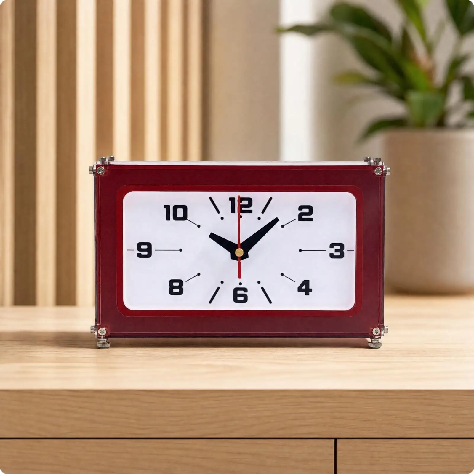 Dark Red Acrylic Tabletop Clock Quiet Quartz Movement Desk Clock with White Face for Home Office Shelf