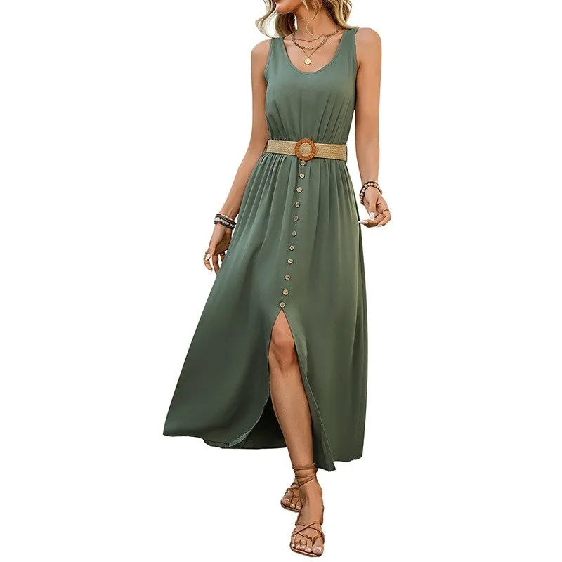 

Summer Woman Dress V Neck Sleeveless Dresses A Line High Waist Maxi Dress Cotton Blend Olive Green Wrap Style Casual Dress