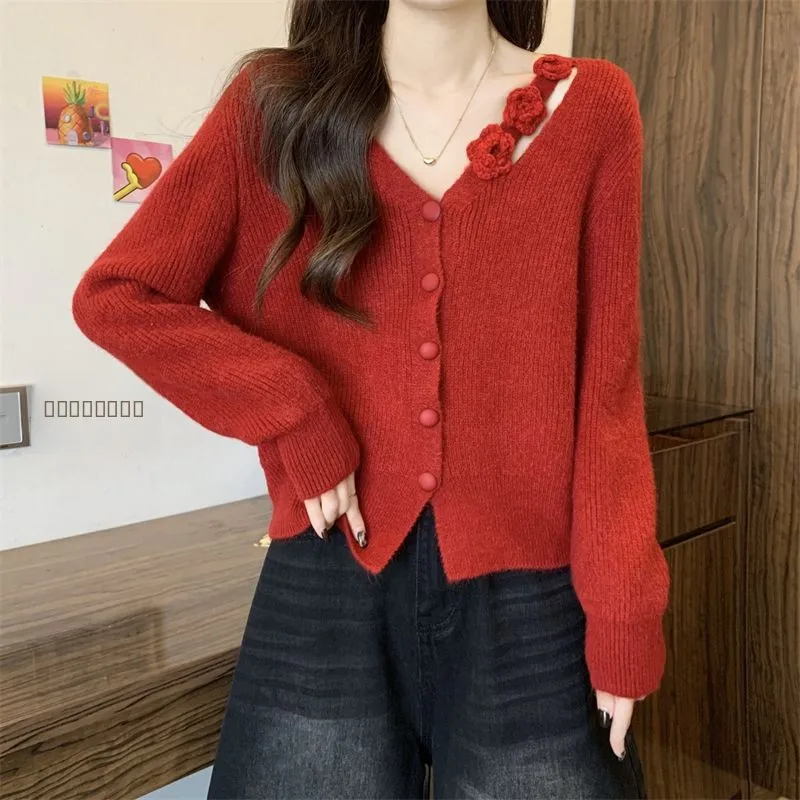 

Красный вязаный свитер с 3D-цветами для женщин, базовый слой, осень-зима-весна, универсальный топ, высококачественный полиэстер, V-образный вырез, длинный рукав