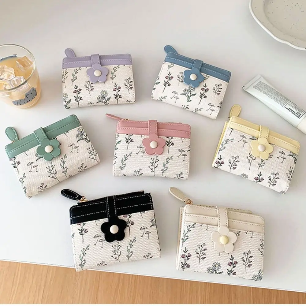 

Retro Korean Style Flower Short Wallet Print Floral PU Leather Card Holder Short Clutch Multi-function Folding Card Bag Travel