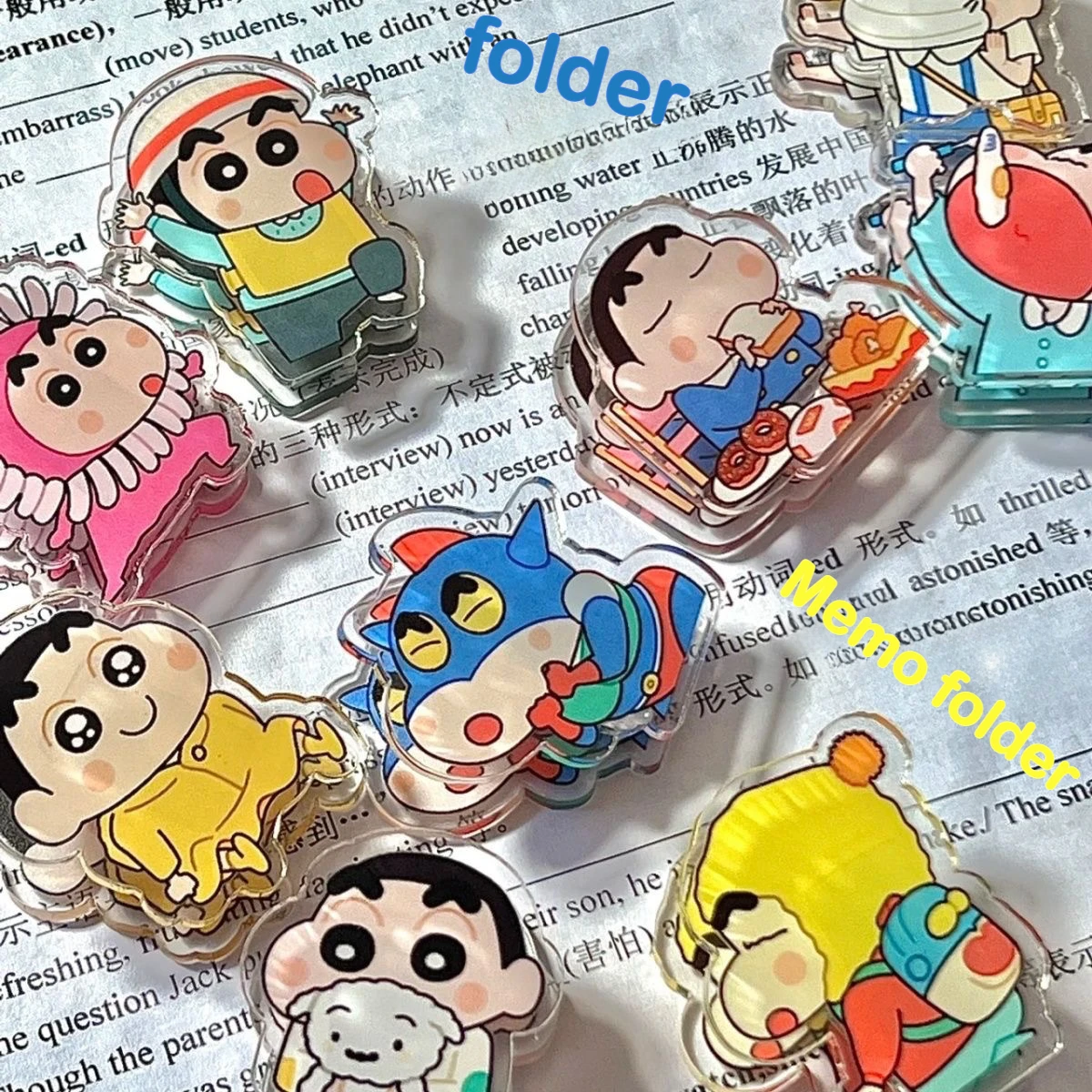 

8pcs Kawaii Cross dressing Crayon Shin chan Anime Cartoon Acrylic PP Clip Cute Hand Account Clip Data Folder Student Book Clip