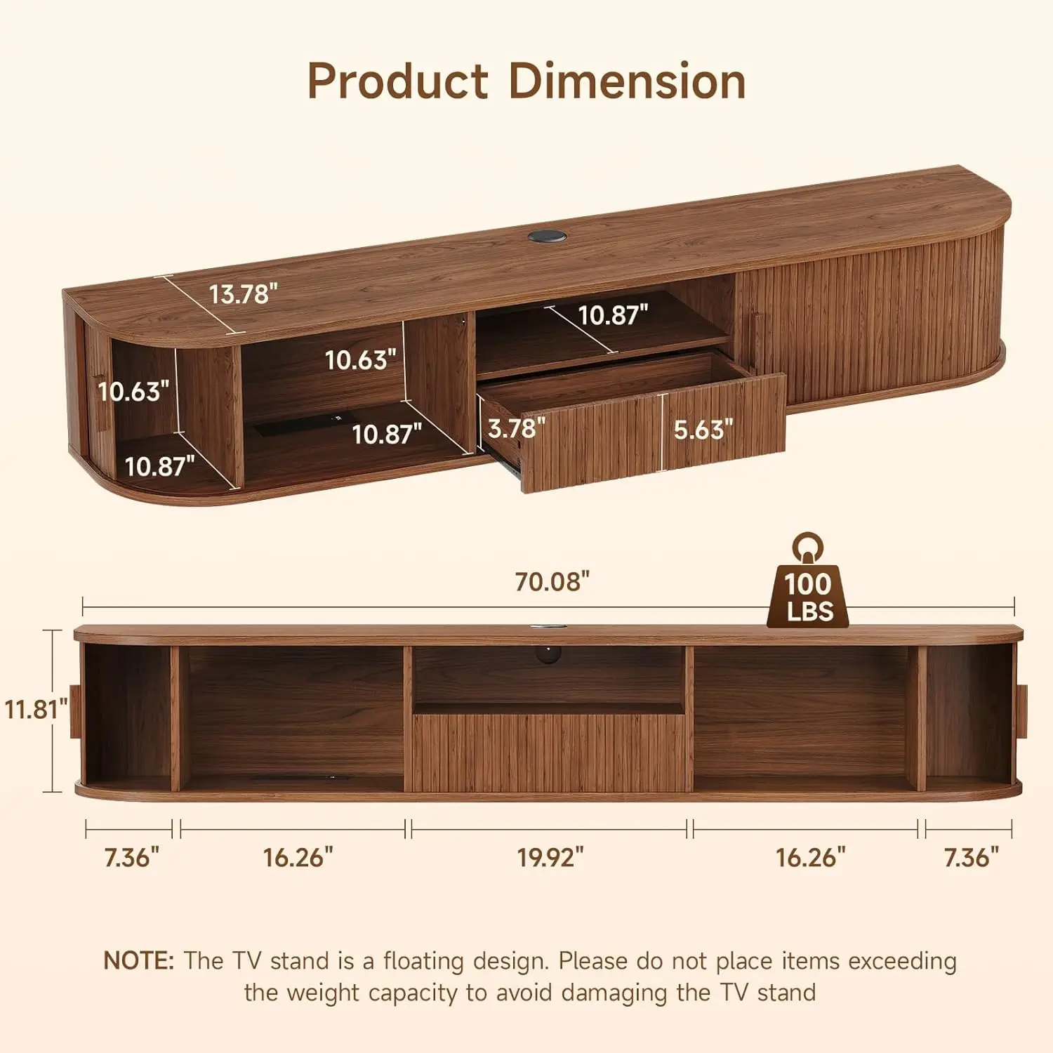 70 Inch Smart Floating TV Stand with LED Lights & Power Outlet - App Control Entertainment Center for 80" TVs, Mid-Century Modern Fluted Wood Design Living Room Storage Cabinet,Walnut view 4