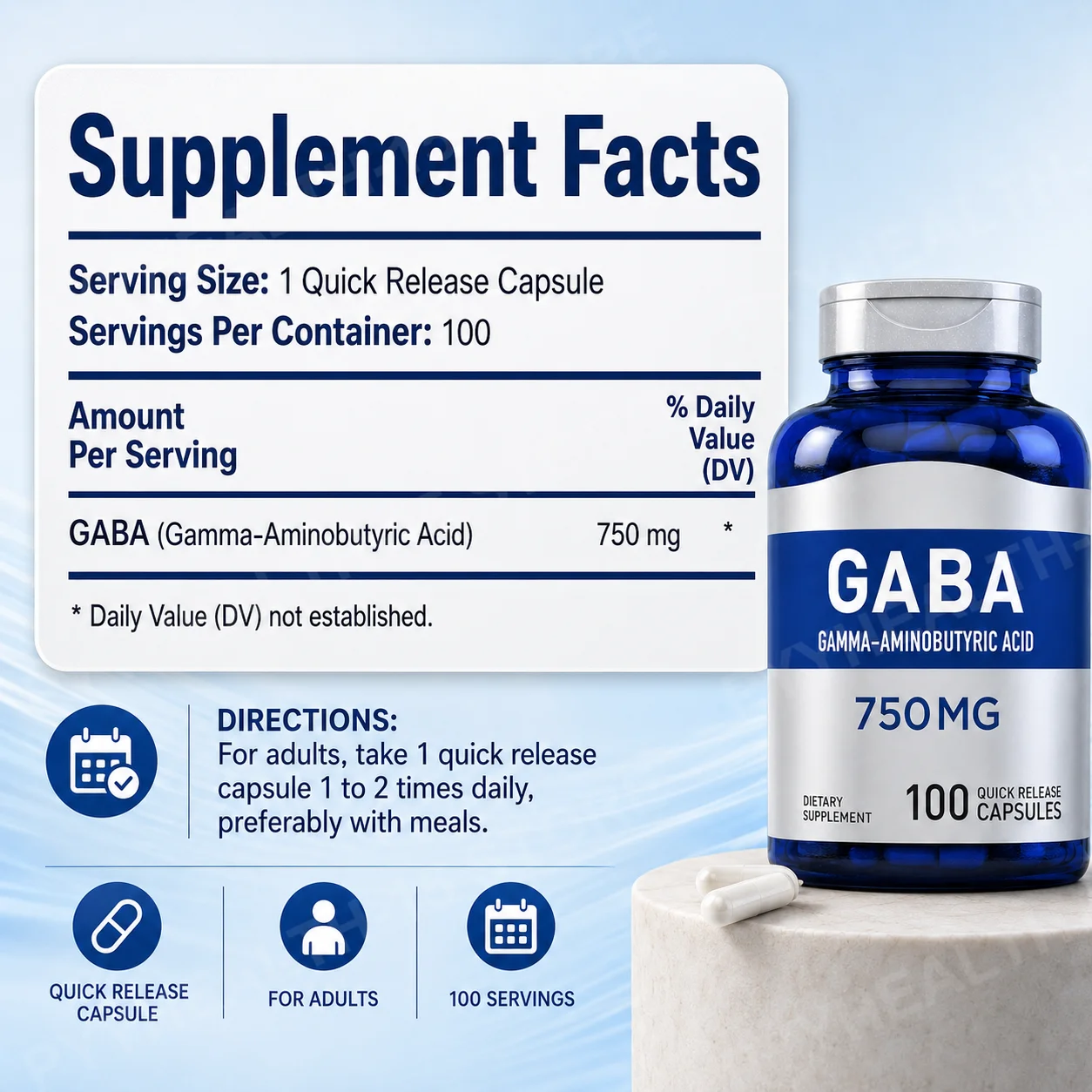 GABA 750mg Capsules, Gamma-Aminobutyric Acid Supplement, Calm Focus and Daily Relaxation Support, 100 Count,  for Men and Women
