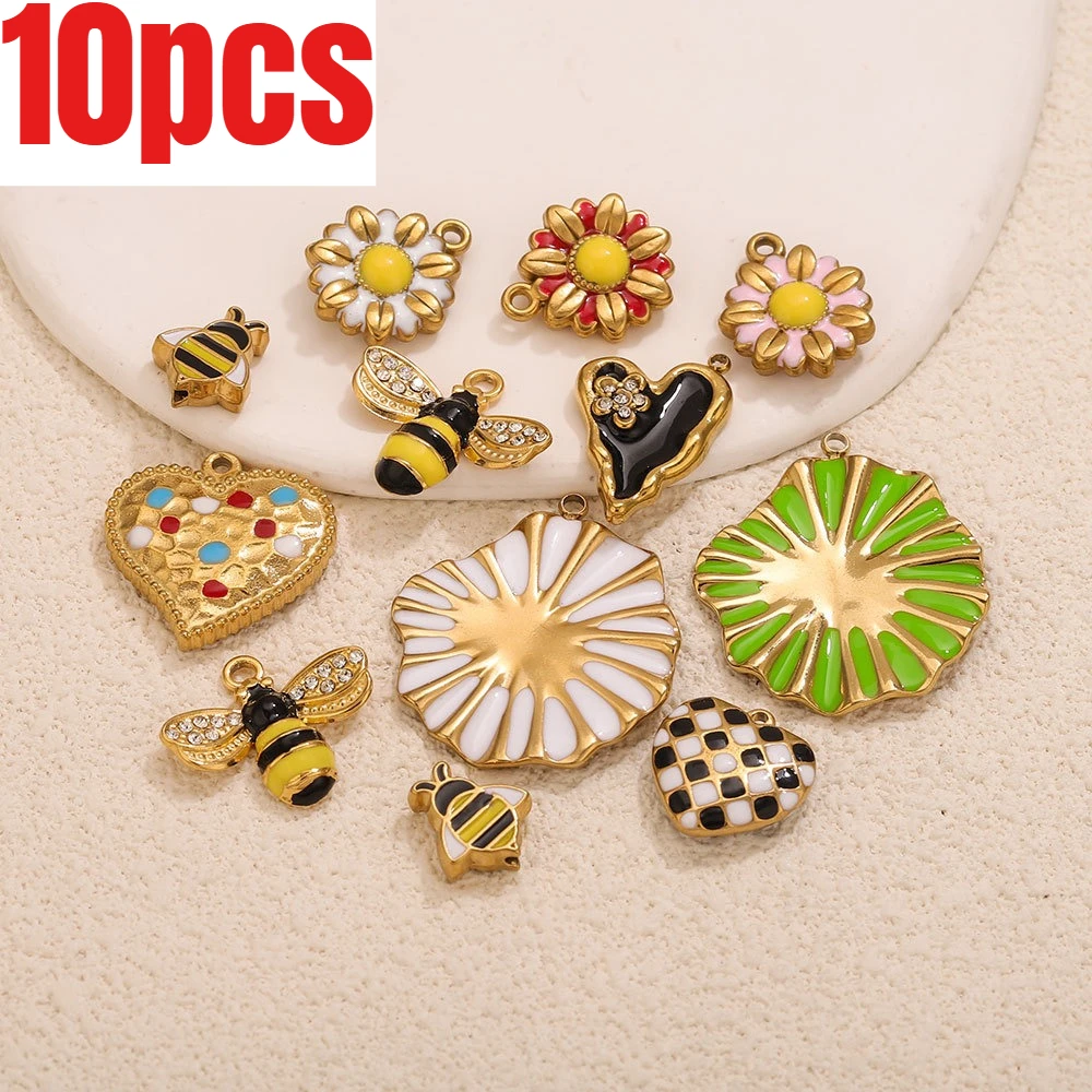 

10 шт./лот, подвески-шармы из нержавеющей стали с эмалью в виде пчел, цветов и сердец для изготовления ювелирных изделий своими руками: ожерелий, серег, брелоков